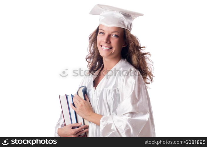 Graduate with book isolated on white