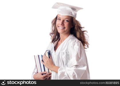 Graduate with book isolated on white