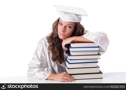Graduate with book isolated on white