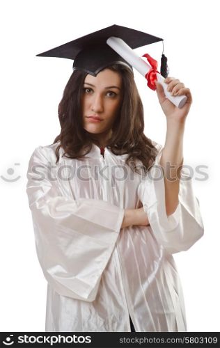 Graduate with diploma on white