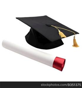 Graduation cap and diploma isolated on white background. 3d render
