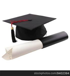 Graduation cap and diploma isolated on white background. 3D rendering.