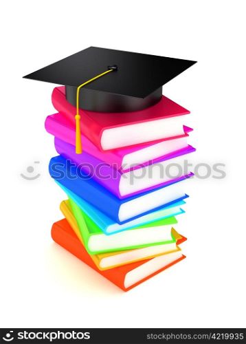 Graduation cap on books . 3d render