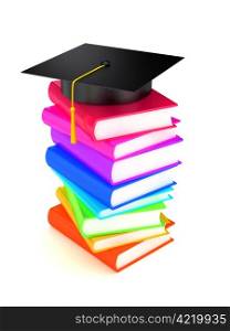 Graduation cap on books . 3d render