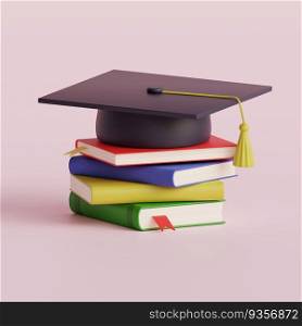 Graduation cap on stack of books. Education concept.  3d render illustration.