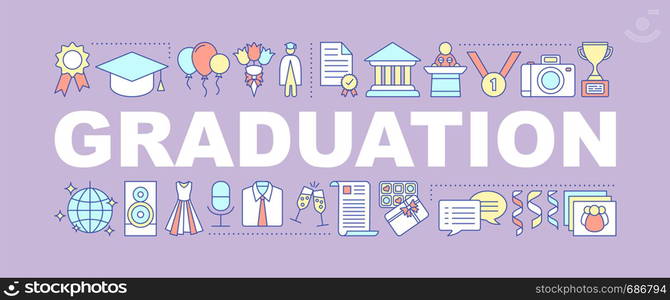 Graduation ceremony word concepts banner. Receiving academic degree. Diploma awarding. Graduation party. Isolated lettering typography idea with linear icons. Vector outline illustration. Graduation ceremony word concepts banner