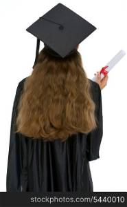 Graduation female student with diploma standing back