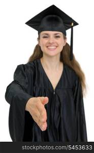Graduation girl stretching hand for handshake. Focus on hand