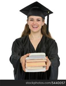 Graduation girl student giving stack of books
