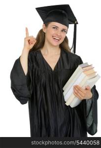 Graduation girl student with stack of books got idea