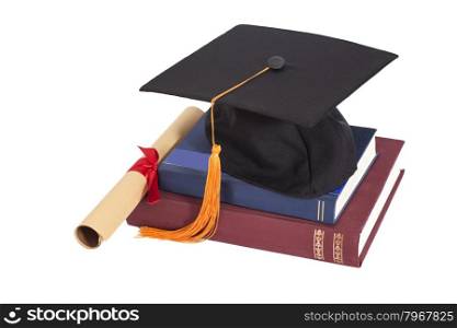 Graduation Hat with Diploma and books isolated