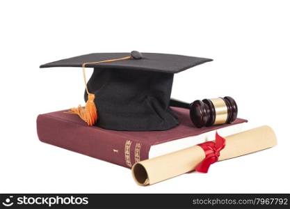 Graduation Hat with Diploma,Judge gavel and book isolated