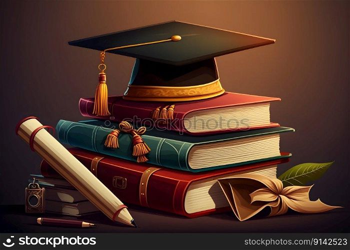 Graduation illustration background with graduation hat and books. AI Generative content