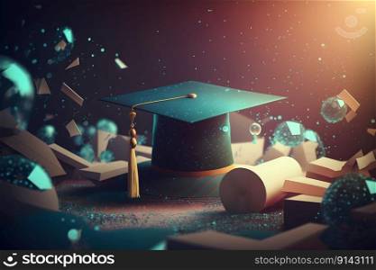Graduation illustration background with graduation hat and books. AI Generative content