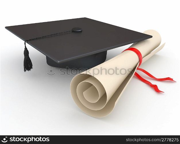 Graduation. Mortarboard and diploma on white background. 3d