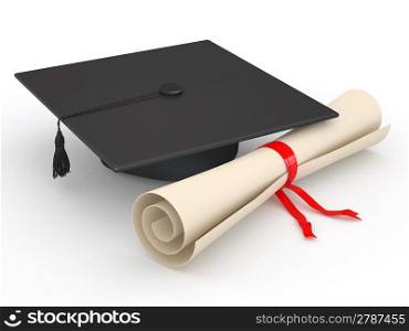 Graduation. Mortarboard and diploma on white background. 3d