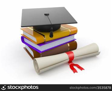 Graduation. Mortarboard, diploma and books on white background. 3d