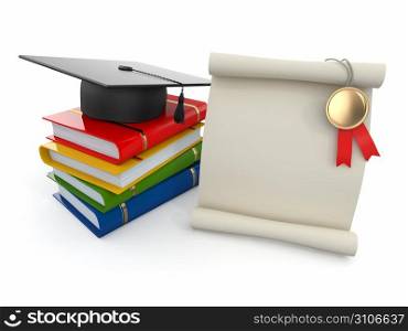 Graduation. Mortarboard, diploma and books. Space for text. 3d