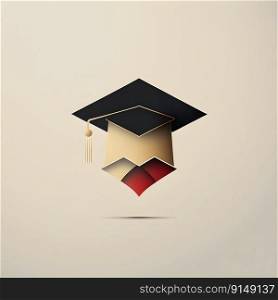 Graduation square badge with graduation hat. Minimalistic emblem of main graduation symbol on beige background. AI Generative content