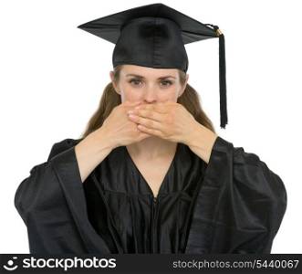 Graduation student girl making speak no evil gesture