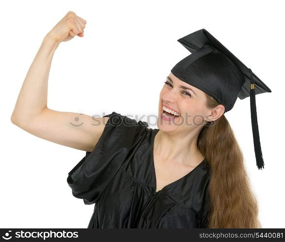 Graduation student woman showing biceps