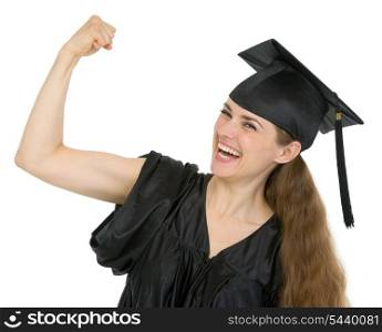 Graduation student woman showing biceps