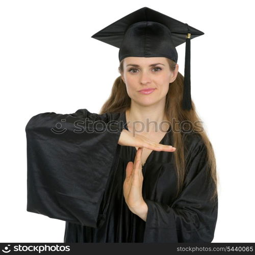 Graduation student woman showing break gesture