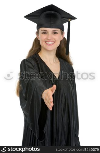Graduation student woman stretching hand for handshake