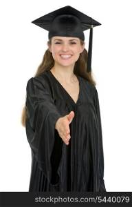 Graduation student woman stretching hand for handshake