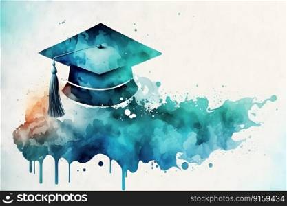 Graduation watercolor illustration background with graduation hat and books. AI Generative content