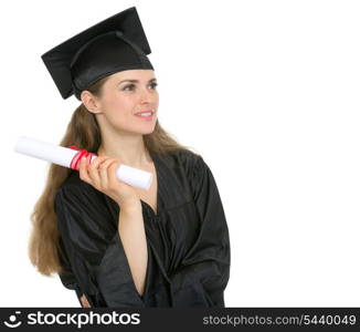 Graduation woman with diploma looking on copy space