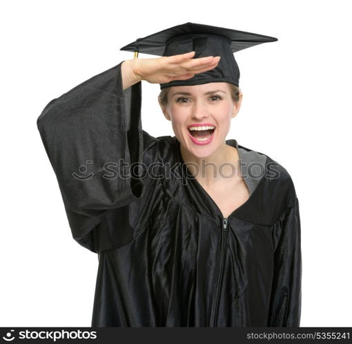 Graduation woman with hand near forehead looking into camera. HQ photo. Not oversharpened. Not oversaturated. Graduation woman with hand near forehead looking into camera isolated