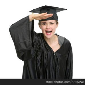 Graduation woman with hand near forehead looking into camera. HQ photo. Not oversharpened. Not oversaturated. Graduation woman with hand near forehead looking into camera isolated