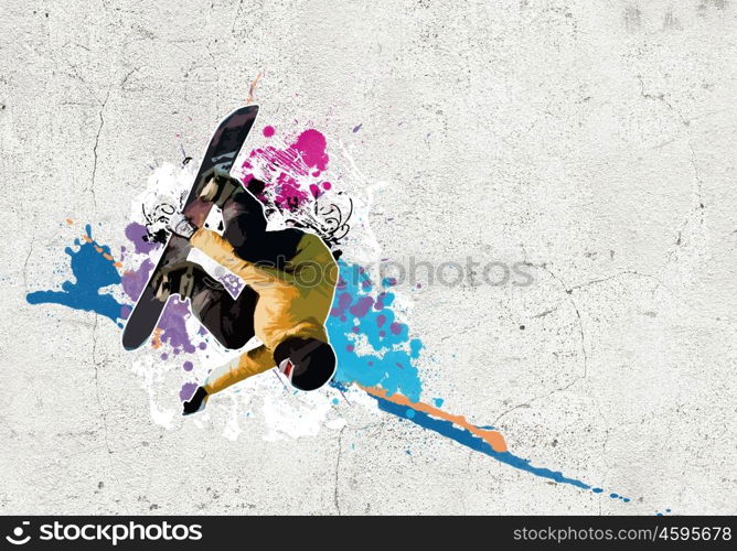 Graffiti image. Graffiti style image of snowboarder against grunge background