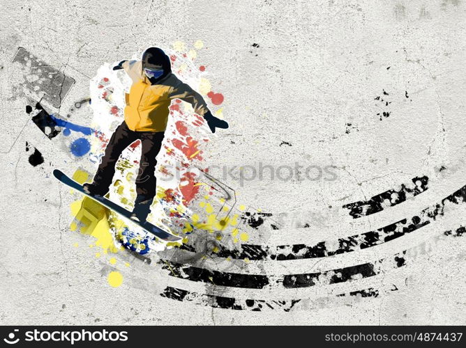 Graffiti image. Graffiti style image of snowboarder against grunge background