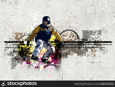 Graffiti image. Graffiti style image of snowboarder against grunge background