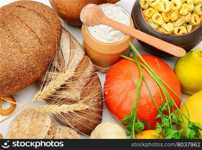 grain products and vegetables isolated on white