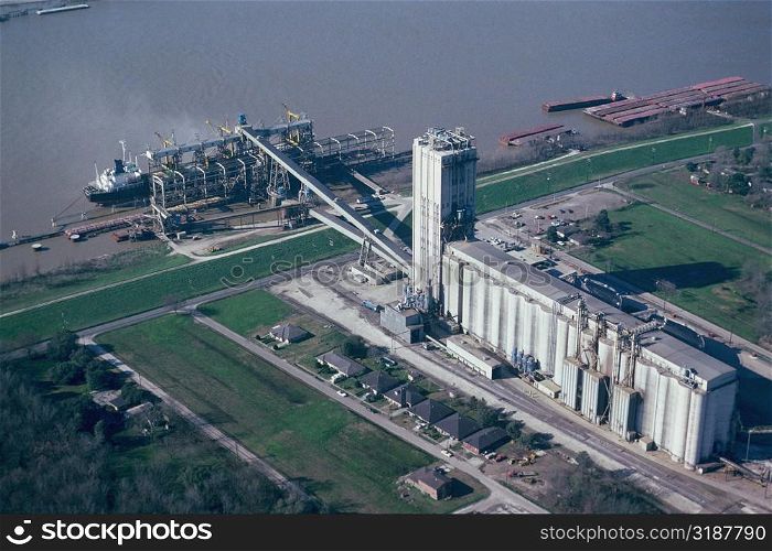Grain terminal on the Mississippi River near New Orleans