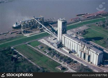 Grain terminal on the Mississippi River near New Orleans