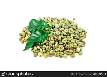 Grains of green coffee with leaves on isolated on white background