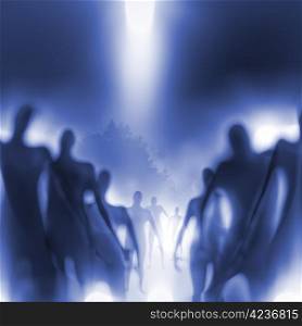 Grainy and blurry image of human-like beings approaching.