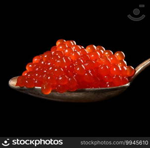 grainy red chum salmon caviar in a metal spoon, delicious and healthy food, close up