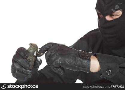 Granade terrorist with a hand on a white background
