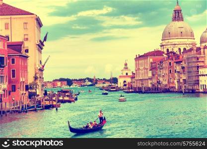 Grand Canal and Basilica Santa Maria della Salute in sunny day. Venice, Italy. Instagram like filter