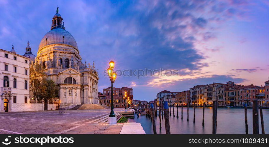 Grand canal and The Basilica of St Mary of Health or Basilica di Santa Maria della Salute at sunset in Venice, Italy. Santa Maria della Salute, Venice