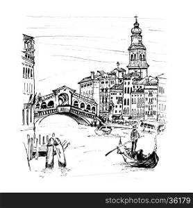 Grand Canal near bridge Ponte di Rialto in sketch style, Venice, Italy. Picture made liner