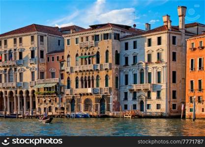 Grand Canal with boats and gondolas on sunset, Venice, Italy. Grand Canal in Venice, Italy