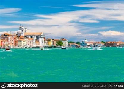 Grand Canal with boats and water bus on a sunny day. Italy. Venice.. Venice. Grand Canal.