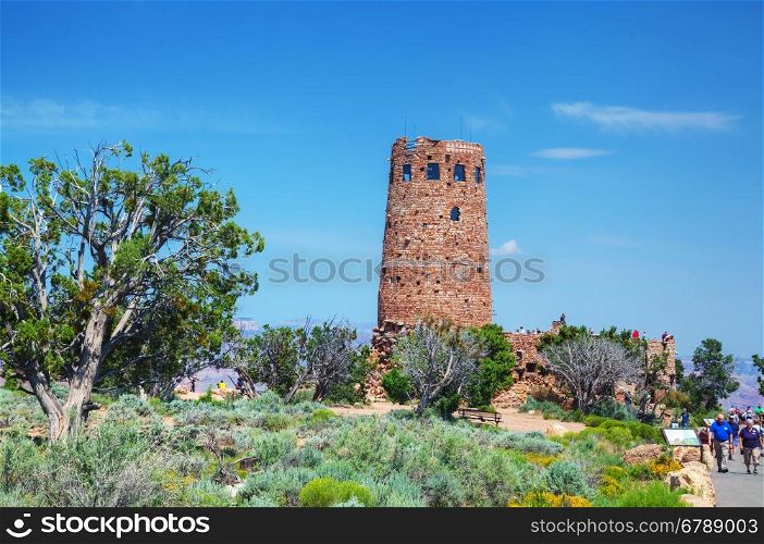 GRAND CANYON VILLAGE, AZ - AUGUST 20: Crowded with people Desert View Watchtower point at the Grand Canyon National park on August 20, 2015 in Grand Canyon Village, AZ.