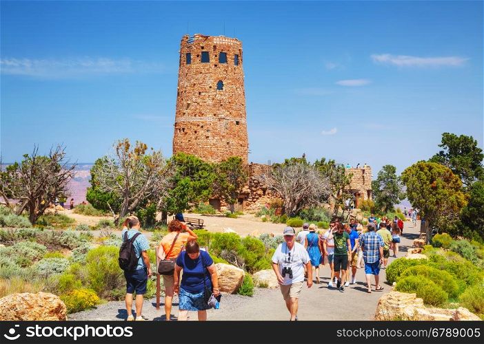 GRAND CANYON VILLAGE, AZ - AUGUST 20: Crowded with people Desert View Watchtower point at the Grand Canyon National park on August 20, 2015 in Grand Canyon Village, AZ.